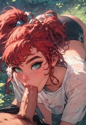 ai_generated all_fours bare_ass bent_over body_freckles exuberantconsent fellatio freckles ginger green_eyes looking_at_viewer outdoors pov pov_eye_contact red_hair short_shorts shorts