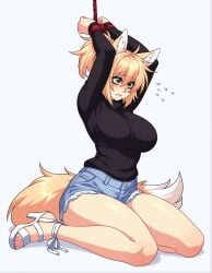 ai_generated arms_above_head blonde_hair bound_wrists deathblight high_heels highheelfan jean_shorts sitting_on_floor sweater wolf_ears wolf_girl