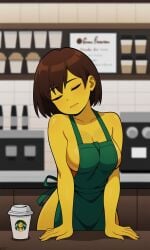 5_fingers ai_generated bangs big_breasts blushing_at_viewer bob_cut brown_hair cafe closed_eyes coffee coffee_cup coffee_shop curvy desk female frisk frisk_(undertale) green_apron looking_at_viewer naked naked_apron naked_female nude pixai solo undertale undertale_(series) yellow_skin