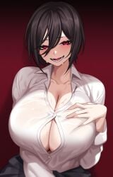 1girls big_breasts blush breasts brown_hair camui_kamui_(hz_666v) fangs female female_focus female_only gigantic_breasts huge_breasts hyper hyper_breasts light-skinned_female light_skin looking_at_viewer open_mouth opened_mouth original red_eyes sharp_fangs shirt short_hair solo sweat sweatdrop sweating tagme zepia_(camui_kamui)