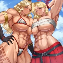 2girls akemi_(blue_archive) amazon_(dragon's_crown) artist_request blue_archive dragon's_crown huge_breasts muscular_female tagme