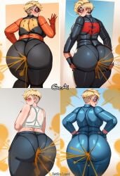 ai ai_generated ass ass_focus ass_up back_view big_ass big_breasts big_butt blonde_female blonde_hair blonde_hair_female blush carol_danvers embarrassed embarrassed_female fart fart_cloud fart_fetish farting female female_focus gcai ia lazei_ai lazei_style looking_back marvel messy_hair pixie_cut shame spanish_dialogue spanish_text talking talking_to_viewer text text_bubble thick thick_ass thick_thighs