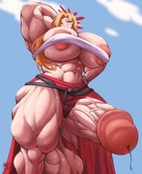 abs akemi_(blue_archive) blue_archive futanari hyper_breasts hyper_penis muscular muscular_female muscular_futanari precum roneesan sweat