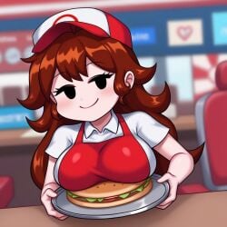 ai_generated black_eyes blurry_background breasts_on_tray burger cap friday_night_funkin fully_clothed girlfriend_(friday_night_funkin) hamburger looking_at_viewer red_apron red_cap resturant smug tray uniform upper_body white_shirt yodayo