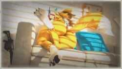 16:9 anthro ass bandai_namco big_breasts big_butt breasts digimon digimon_(species) female furniture gun hi_res huge_breasts huge_butt machine_gun not_person420 on_sofa pillow ranged_weapon renamon sofa solo tail weapon widescreen