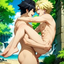 abs absurdres ai_generated anal anal_sex black_eyes blonde_hair blue_eyes dark_hair earrings eye_scar fairy_tail fit_male gay gay_sex gray_fullbuster highres muscular muscular_male outdoors outdoors_nudity outdoors_sex penis penis_in_ass pony_diffusion_xl spiky_hair stand_and_carry_position standing sting_eucliffe two_boys yaoi