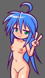 2025 :3 areolae blue_eyes female furii_(artist) gray_background green_eyes konata_izumi long_hair lucky_star mole mole_under_eye nipples nude_female pussy pussy_lips puyo_puyo_artstyle simple_background solo solo_female v