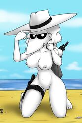 2019 areola beach bedroom_eyes big_breasts black_sclera blush bodily_fluids breasts clothing curvy_figure detailed_background digital_media_(artwork) dot_eyes eyelashes feet female fingers genitals gun hair hat headgear headwear hi_res hourglass_figure huge_breasts humanoid kneeling long_hair looking_at_viewer narrowed_eyes navel nipples not_furry nude outside pussy ranged_weapon sandwich-anomaly sea seaside seductive smile solo spy_vs_spy sweat teeth thick_thighs toes unknown_species voluptuous water weapon white_body white_eyes white_hair white_skin wide_hips