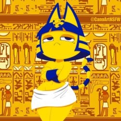 absurdres ancient_egyptian ancient_egyptian_clothes animal_crossing animal_ears ankh ankha ankha_(animal_crossing) arm_guards black_eyes blue_fur blue_hair blunt_bangs bob_cut body_fur breasts canoartnsfw cat_ears cat_girl cat_tail cleavage colored_skin female furry furry_female groin hair_ornament hieroglyphics highres loincloth navel sanoarts short_hair snake_hair_ornament striped_tail tail thighs uraeus wide_hips yellow_fur yellow_skin