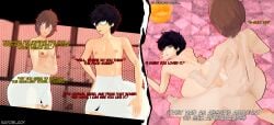 3d akira_kurusu ass_size_difference assjob bathhouse big_ass big_butt black_hair blush brown_hair buttjob flirting goro_akechi huge_ass huge_butt joker_(persona) koikatsu persona persona_5 ren_amamiya sayoblack sex sex_from_behind text tight_fit towel towel_only