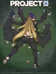 ass beelstarmon big_breasts blonde_hair butt_crack card_game cards dclaret digimon digimon_(species) feet female gloves high_heels laying_on_stomach tcg tights underboob