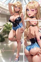 1girls 2d ai_generated ass big_ass big_breasts bimbo blonde_hair blue_eyes breasts choker crystalmosong curvy_female curvy_figure female female grabbing_ass heels huge_breasts lips looking_at_viewer makeup minishorts original seductive seductive_look shiny_skin smiling smiling_at_viewer solo_female solo_focus sticking_out_tongue tight_clothing wink