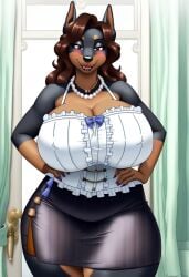 ai_generated animal_ears animal_nose anthro anthro_only black_fur blush breasts_bigger_than_head breasts_larger_than_head brown_eyes brown_fur brown_hair cleavage_overflow corset doberman dog_girl extra_long_hair female female_focus female_only furry_focus furry_only hands_on_hips long_hair looking_at_viewer majorfluffy milf mother nipple_bulge novelai pearl_necklace safe_for_work skirt smile solo_focus tight_clothing tight_skirt two-tone_body two-tone_fur wavy_hair