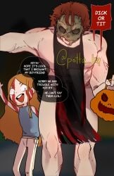 1boy brown_hair dialogue english english_text female halloween male male_focus mask mostly_nude muscular muscular_male orange_hair original original_character potta_ka pottaka scars trick_or_treat veiny_muscles