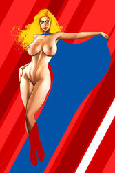 1girls artbrosean blonde_hair cape fit_female green_eyes hourglass_figure huge_breasts long_hair looking_at_viewer naked nude nude_female original original_character pussy shaved_pussy superheroine voluptuous