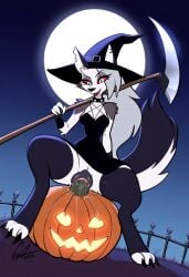 anthro anthro_only black_dress canine_pussy claws cookie-girl digitigrade ear_piercing grey_fur jack-o'-lantern loona_(helluva_boss) masturbating masturbation open_mouth paws pumpkin pumpkin_masturbation red_eyes scythe small_breasts thigh_highs upskirt white_fur white_hair witch_costume witch_hat wolf_ears wolf_girl wolf_humanoid wolf_tail