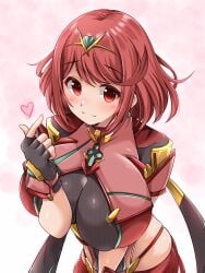 backless_outfit black_gloves bob_cut breasts chest_jewel earrings female fingerless_gloves gloves highres impossible_clothes jewelry kurokaze_no_sora large_breasts micro_shorts pyra_(xenoblade) red_eyes red_hair red_shorts red_thighhighs short_hair short_shorts shorts skindentation solo swept_bangs thighhighs tiara upper_body xenoblade_chronicles_(series) xenoblade_chronicles_2