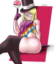 avery_(pokemon) blonde_hair blue_eyes connthicc femboy flat_chest glasses gloves hat long_hair looking_at_viewer male male_only nintendo pokemon pokemon_ss solo stockings sweat sweating thick_thighs tight_clothing