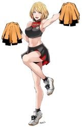 1girls :d ashley_graham black_uniform blonde_hair blue_eyes butcha-u capcom cheerleader cheerleader_outfit cheerleader_uniform full_body happy navel pom_poms resident_evil resident_evil_4 resident_evil_4_remake