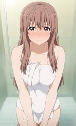 after_shower ai_generated bathroom big_breasts blush brown_hair embarrassed female koe_no_katachi long_hair looking_at_viewer nishimiya_shouko pixai solo towel towel_only water wearing_towel wet_hair wet_skin