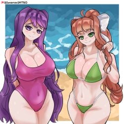 2girls arms_behind_back big_breasts bikini bikini_bottom bikini_top bottomwear breasts brown_hair cleavage doki_doki_literature_club female female_only green_bikini green_eyes hair hair_ornament hair_ribbon hips huge_breasts long_hair monika_(doki_doki_literature_club) one-piece_swimsuit ponytail purple_eyes purple_hair purple_swimsuit ribbon smile suvorovsatbo swimsuit swimwear thighs topwear yuri_(doki_doki_literature_club)