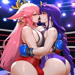 2girls ai_generated ass bangs blush boxing_gloves braid breast_press breasts breasts_press bulge bulge_through_clothing closed_eyes erection_under_clothes face_to_face genshin_impact gym huge_breasts kissing large_breasts lens_flare long_hair multiple_girls pink_hair purple_eyes purple_hair raiden_shogun saliva shorts sky stadium sun symmetrical_docking tongue tongue_out very_long_hair yae_miko yuri