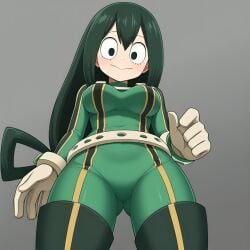 5_fingers ai_generated bangs blush costume curvy dark_green_eyes dark_green_hair female female frog_girl froppy fully_clothed hero hero_outfit_(mha) heroine long_hair looking_at_viewer looking_down my_hero_academia simple_background tsuyu_asui yodayo