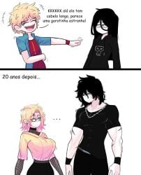 ... 1boy1girl 2koma allenhara big_breasts black_hair blonde_hair broad_shoulders dialogue earrings female green_eyes hair_ornament laughing logan_(allenhara) long_hair male muscular muscular_male original pink_hair portuguese_text sasha_(allenhara) scar translated translation_request wide_hips