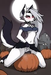 ai_generated anthro anthro_only canine_pussy claws cookie-girl digitigrade ear_piercing grey_fur jack-o'-lantern loona_(helluva_boss) masturbating masturbation open_mouth paws pumpkin pumpkin_masturbation red_dress red_eyes small_breasts thigh_highs upskirt white_fur white_hair witch_costume witch_hat wolf_ears wolf_girl wolf_humanoid wolf_tail