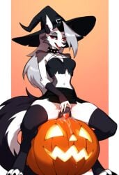 ai_generated anthro anthro_only canine_pussy claws cookie-girl digitigrade ear_piercing grey_fur jack-o'-lantern loona_(helluva_boss) masturbating masturbation open_mouth paws pumpkin pumpkin_masturbation red_dress red_eyes small_breasts thigh_highs upskirt white_fur white_hair witch_costume witch_hat wolf_ears wolf_girl wolf_humanoid wolf_tail