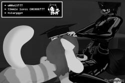 2024 black_and_white blowjob clothed_sex cxthinghxnger femboy femboy_on_female latex latex_suit mostly_clothed muzzled temmie_(undertale) twitter_username undertale undertale_(series) vrchat