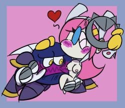 blush embarrassed kirby_(series) looking_at_breasts meta_knight susanna_patrya_haltmann susie_(kirby) tits_out topless unmasked winking_at_viewer