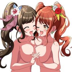 2girls big_breasts brown_hair closed_eyes d4dj earrings gold_eyes hair_ornament holding_hands kissing lesbian_kiss mizushima_marika one_eye_closed painted_nails ponytail red_hair saliva saliva_drip saliva_on_breasts saliva_trail seto_rika tongue tongue_kiss tongue_out twintails yualo yuri yuri