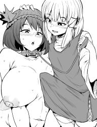 2girls absurdres aroused blush breasts bulge collar erection erection_under_clothes futa_with_female futanari greyscale highres holding holding_leash huge_breasts huge_nipples inverted_nipples leash makin_tama monochrome moriya_suwako multiple_girls navel nipples open_mouth penis penis_awe petite petting size_difference sweat thighhighs touhou white_thighhighs yasaka_kanako