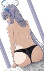 1girls ass backboob bed black_panties blue_archive breasts from_behind halo headgear hi_res lace-trimmed_panties lace_trim large_breasts looking_at_viewer looking_back noa_(blue_archive) panties purple_eyes reia_76 smile solo solo_female topless underwear very_long_hair white_hair window