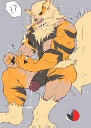 absurd_res anthro arcanine bodily_fluids canid canine dripping election fur fur_growth generation_1_pokemon genital_fluids genitals geryorias growth hi_res humanoid_genitalia humanoid_penis male male_focus male_only mammal muscular muscular_anthro muscular_male nintendo nipples open_mouth penis pokeball pokemon pokemon_(species) precum precum_drip simple_background solo species_transformation sweat text transformation vein veiny_muscles yellow_body yellow_eyes yellow_fur