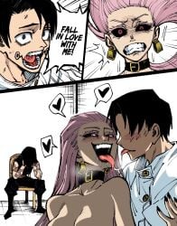 1boy 2girls black_sclera casual_nudity cheating cheating_boyfriend choker cuck_chair cuckold cuckquean cursed_speech dingotoad heart heart-shaped_pupils jujutsu_kaisen maki_zenin markings markings_on_face mind_control naked naked_female netorare ntr pink_hair tagme uro_takako yuta_okkotsu zenin_maki