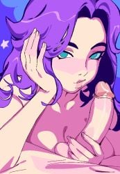 abigail_(stardew_valley) blue_eyes blush breasts erection female grabbing_penis handjob large_breasts long_hair looking_at_viewer nude on_bed penis penis_grab piercing pixel_art pubic_hair purple_hair roropull star_(symbol) stardew_valley tekoki testicles