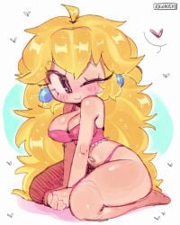 1girls ahoge barefoot blonde_hair blush bra chibi earrings female full_body kawooshy kneeling long_hair looking_back looking_to_the_side mario_(series) navel nintendo one_eye_closed pink_panties princess_peach super_mario_bros.