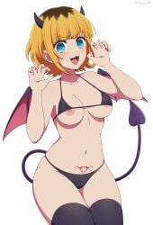 absurdres bikini black_bikini blonde_hair blue_eyes blush breasts brown_hair demon_girl demon_horns demon_tail demon_wings fake_horns female halloween highres horns looking_at_viewer medium_breasts medium_hair memcho multicolored_hair navel nipples one_breast_out open_mouth oshi_no_ko pubic_tattoo simple_background smile solo swimsuit tail tattoo white_background wings yisusjpl