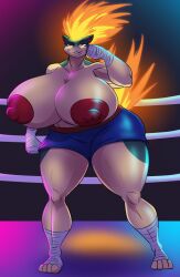 anthro areola big_breasts breasts clothed clothing feet female fighting_ring foot_wraps generation_2_pokemon hand_wraps hi_res huge_breasts looking_at_viewer nintendo nipples pokemon pokemon_(species) quilava red_areola red_nipples shawna_(sandslash) solo thebigbadwolf01 thick_thighs topless topless_female wraps