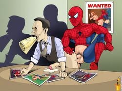 2boys anal_penetration anal_sex bottomless closed_eyes cum_while_penetrated english_text erection famous_comics flaccid_while_penetrated fucked_from_behind gay improvised_gag indoors j_jonah_jameson leaning_on_table male_only marvel mary_jane_watson multiple_males mustache necktie pants_down partially_retracted_foreskin penis penis_out peter_parker photographic_proof poster_(object) sex shadow shirt_up silhouette spider-man spider-man_(series) straight_hair superhero text uncut vest wanted_poster white_shirt yaoi