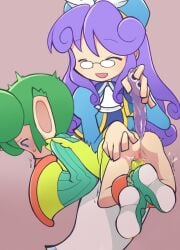 2girls accord_sensei anal anus ass blue_eyes censored censored_pussy closed_eyes clothing dildo dildo_in_ass dress dress_lift glasses green_hair hat lidelle_(puyo_puyo) long_hair mosaic_censoring open_mouth purple_hair pussy puyo_puyo puyo_puyo_fever sega shoes short_hair yuri