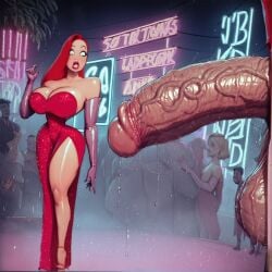 ai_generated big_ass big_breasts big_penis cock_shock curvy dress gloves huge_breasts huge_cock jessica_rabbit penis_awe shocked sssilver5 surprised veiny_penis who_framed_roger_rabbit