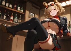 1girls ai_generated bar bar_(place) bar_stool blonde_hair burnice_white crossed_legs eyewear_on_head female hair_ornament hi_res high_heels huge_breasts large_breasts orange_eyes red_panties sitting skindentation thick_thighs twintails underboob upskirt yuyumiai zenless_zone_zero