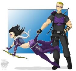 avengers clint_barton criminalkiwi exposed_panties exposed_underwear frilly_panties hawkeye kate_bishop marvel marvel_comics panties pants_pulled_down pantsing purple_panties striped_panties tripping underwear white_stripes