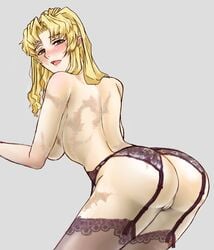 akabi_(alaburu) ass back balalaika black_lagoon blonde_hair blue_eyes blush breasts dat_ass female from_behind garter_belt huge_ass lace lace-trimmed_thighhighs large_breasts long_hair mole no_panties open_mouth pussy scar sideboob solo thighhighs topless uncensored underwear underwear_only