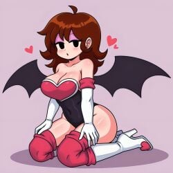 1girl 5_fingers :o ai_generated alternate_costume auburn_hair bangs blush busty curvy female friday_night_funkin fully_clothed girlfriend_(friday_night_funkin) gloves hearts_around_head heel_boots kneeling long_gloves looking_at_viewer purple_background rouge_the_bat_(cosplay) simple_background solo yodayo