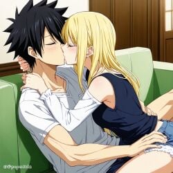 ai_generated blonde_hair couple fairy_tail gray_fullbuster kissing lucy_heartfilia sexy_body