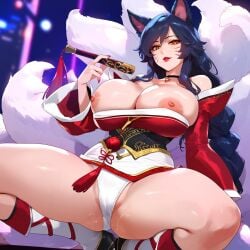 1girls ahri animal_ears areola_slip areolae bangs bare_shoulders black_hair blush boots breasts breasts_outside choker cleavage collarbone detached_sleeves eyebrows_visible_through_hair fingernails fox_ears fox_tail groin hair_between_eyes hair_ornament holding huge_breasts kitsune kneehighs korean_clothes league_of_legends lips long_fingernails long_hair long_sleeves looking_at_viewer multiple_tails nail_polish nipples panties pink_nails shiny_skin solo squatting strapless tail thighs tongue tongue_out underwear vastaya very_long_hair whisker_markings white_panties yellow_eyes